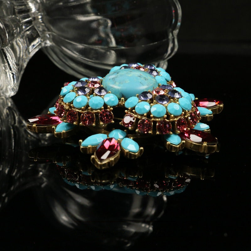 Turquoise Glass Flower Brooch & Earrings Necklace Set