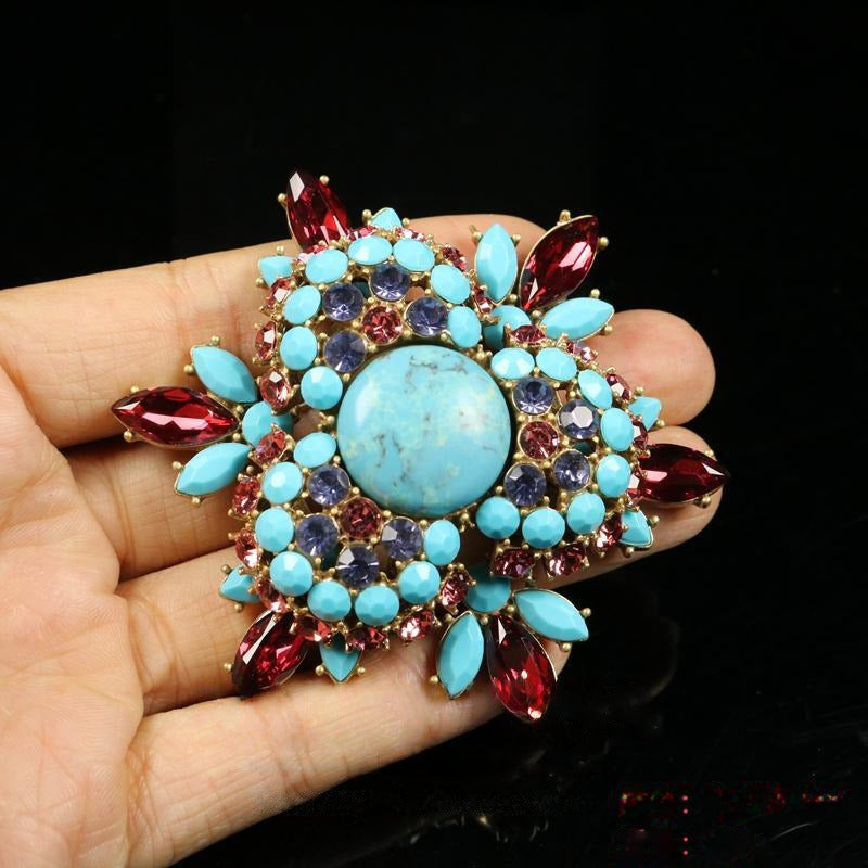 Turquoise Glass Flower Brooch & Earrings Necklace Set