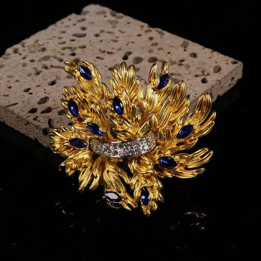 Retro Royal Flower Gold Rhinestone Brooch