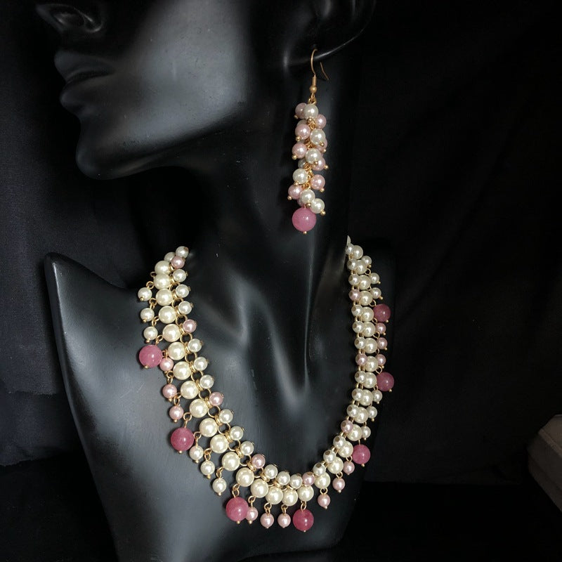 Vintage Multi-Layer Glass Pearl Tassel Necklace & Earrings Set