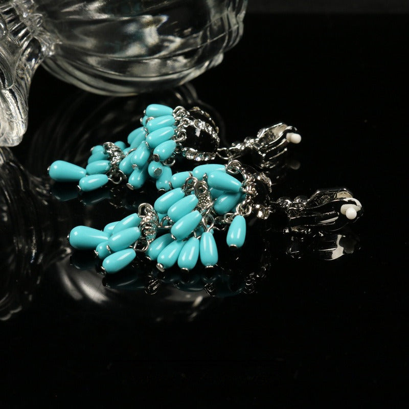 Turquoise Glass Flower Brooch & Earrings Necklace Set