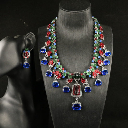 Vintage Art Deco Colorful Leaf Necklace and Earrings Set