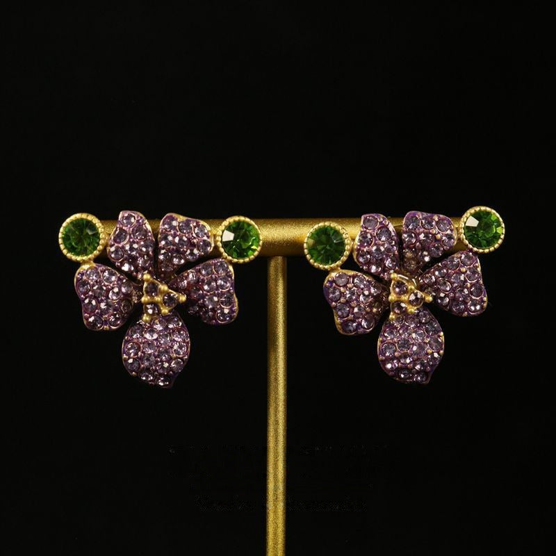 Vintage French Purple Flower Necklace & Stud Earrings