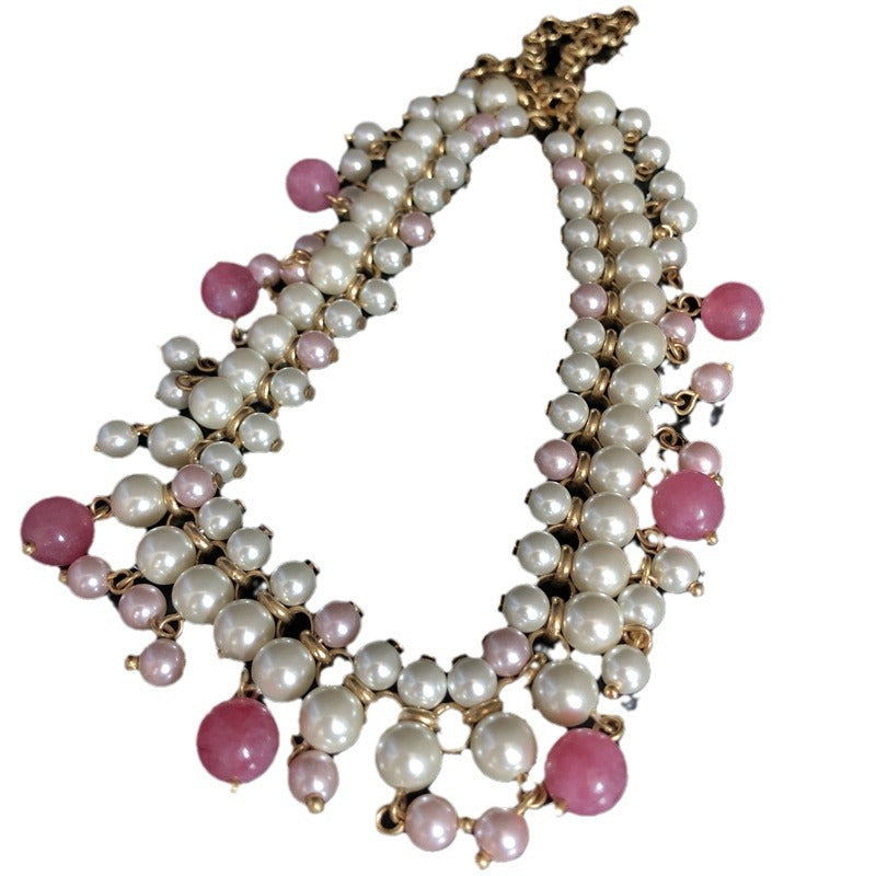 Vintage Multi-Layer Glass Pearl Tassel Necklace & Earrings Set