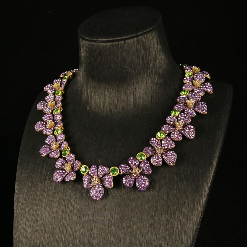 Vintage French Purple Flower Necklace & Stud Earrings