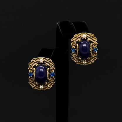 Vintage Ethnic Blue Labradorite Stud Earrings with Pearl Crystals