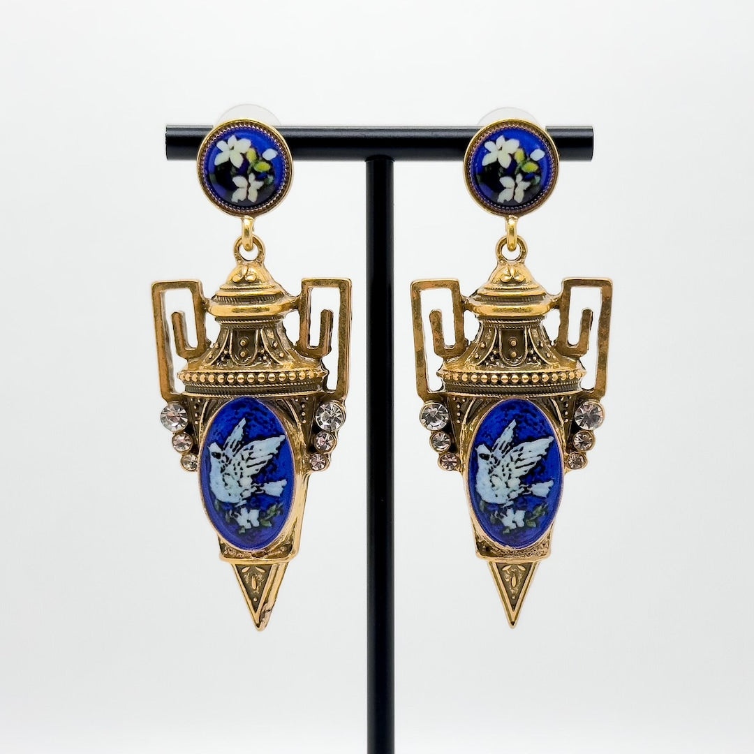 Vintage Art Deco Pigeon Drop Earrings Copper Enamel 925 Silver