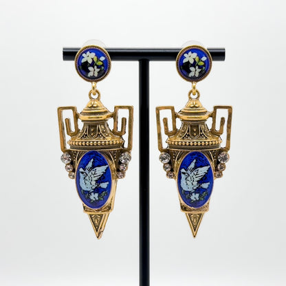 Vintage Art Deco Pigeon Drop Earrings Copper Enamel 925 Silver