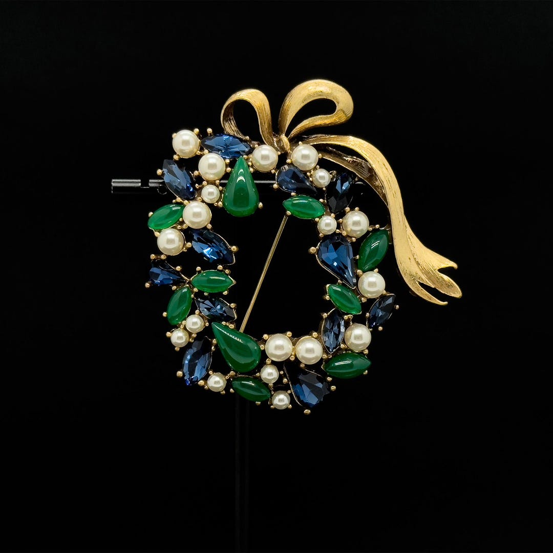 Vintage Art Deco Floral Bow Brooch Glass Pearl Copper 1960s