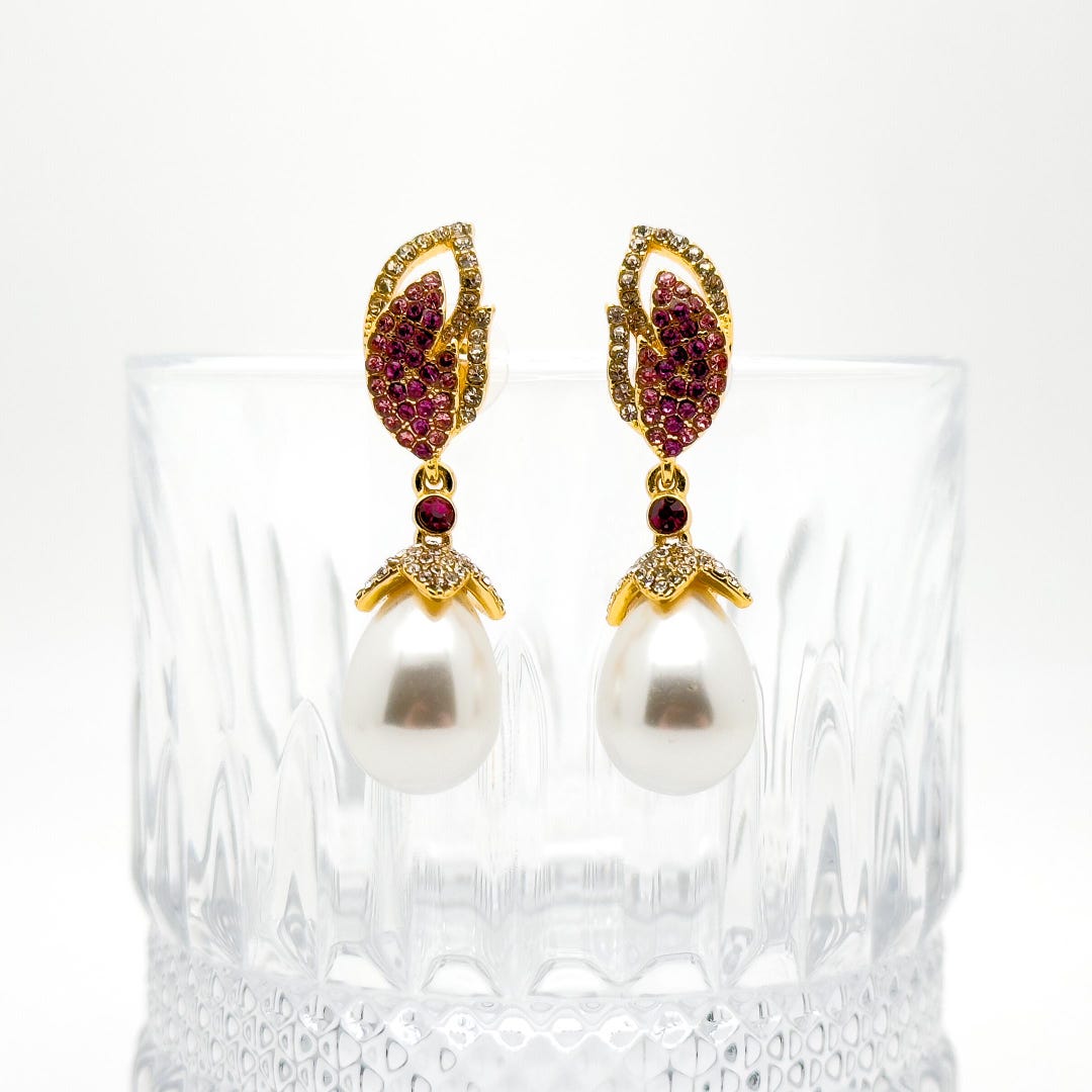 Luxury Pink Feather Teardrop Earrings with Pearls and Rhinestones