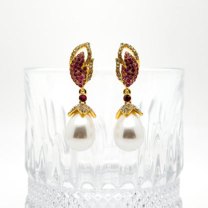 Luxury Pink Feather Teardrop Earrings with Pearls and Rhinestones