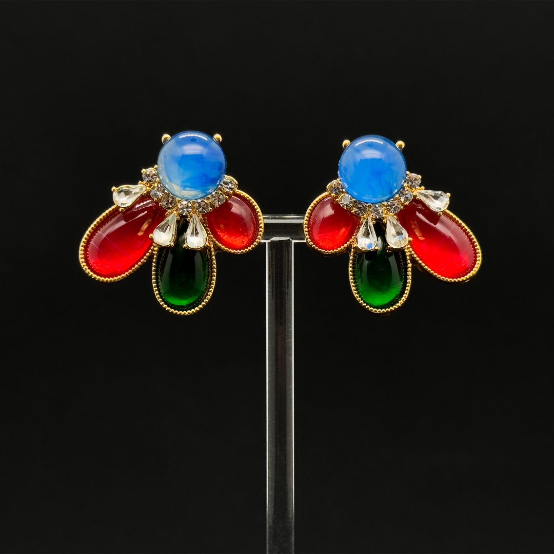 French Vintage Contrast Crystal Resin Stud Earrings Gold-Plated