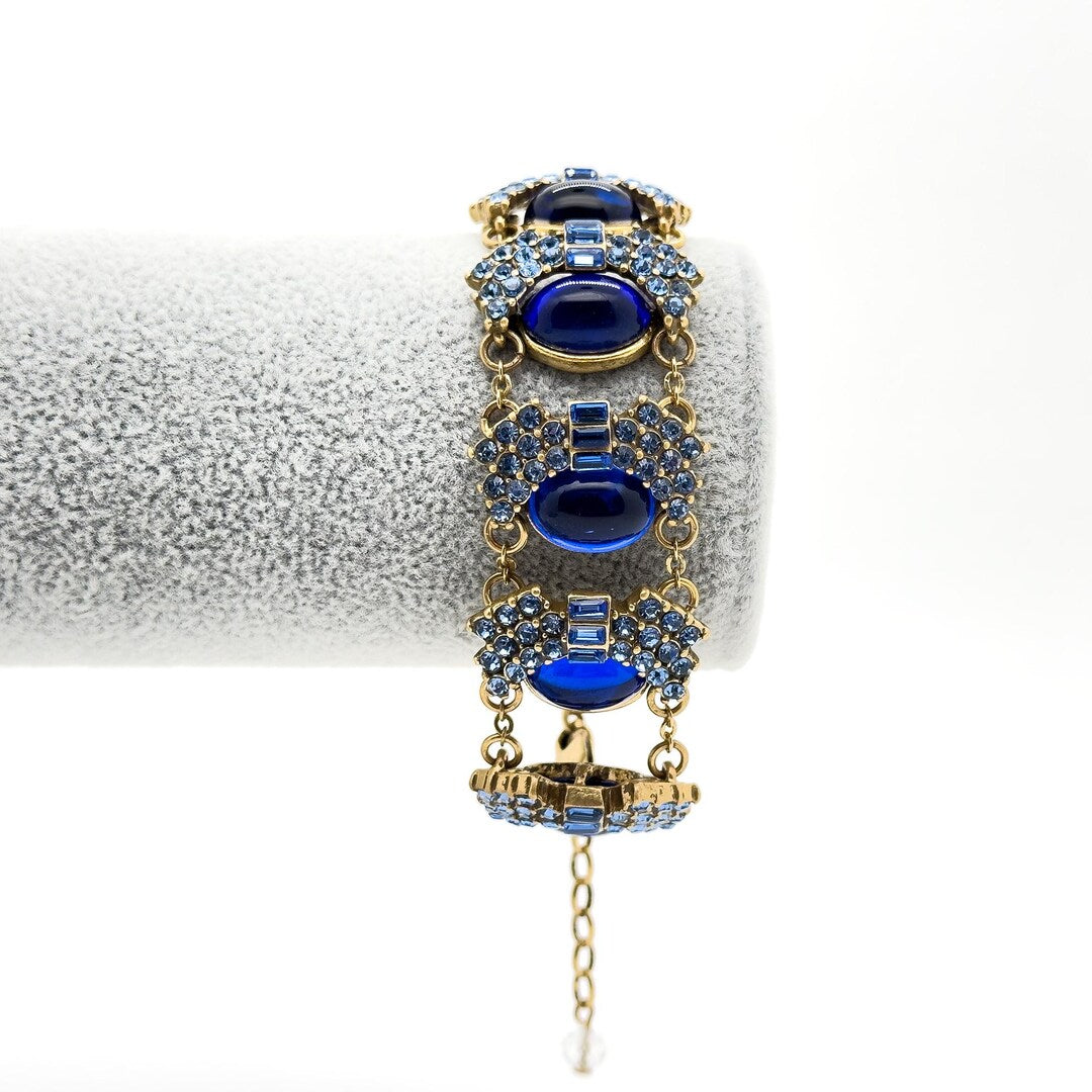 Vintage Art Deco Blue Glass Wide Bracelet with Zircon