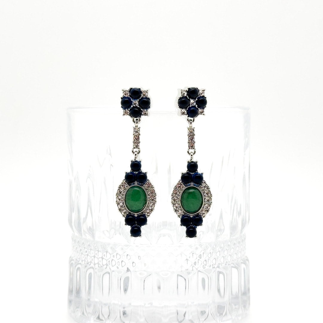 Retro Ethnic Natural Stone Drop Earrings with Rhinestones, 925 Hooks