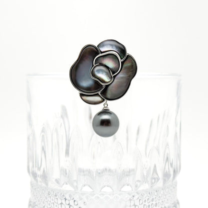 French Mother of Pearl Camellia Brooch with Freshwater Pearl Accent