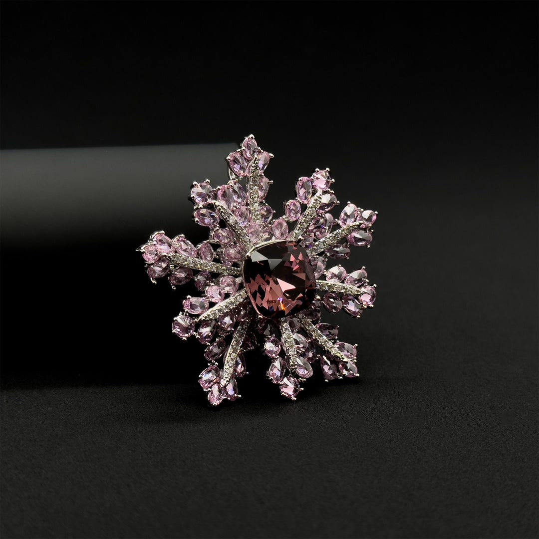 French Sweet Pink Snowflake Crystal Brooch, Copper Zircon Accents