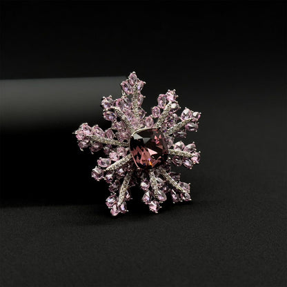 French Sweet Pink Snowflake Crystal Brooch, Copper Zircon Accents