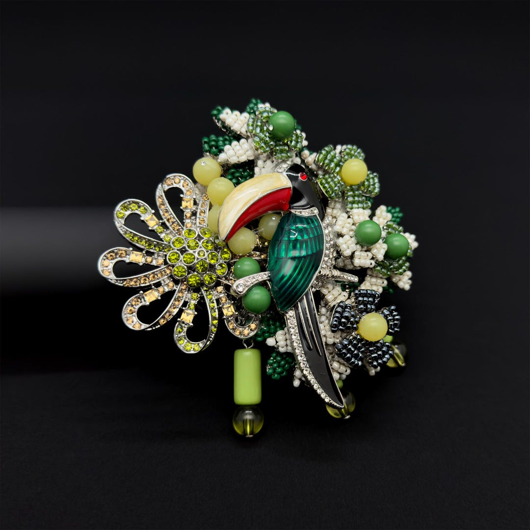 Vintage Woven Bird Brooch Boho Large Beaded Copper Statement Pin