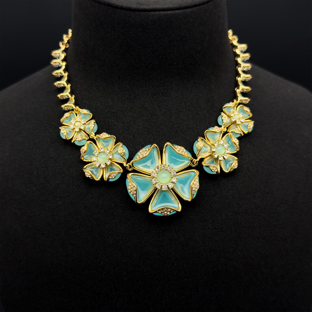 Vintage Palace Blue Flower Crystal Necklace Statement Dress Jewellery