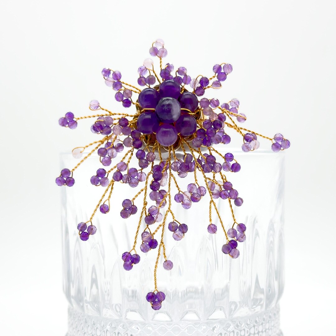 Handcrafted Lavender Purple Stone Brooch Copper Setting Statement Pin