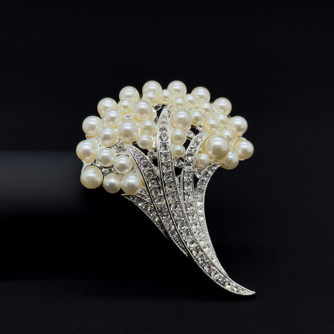 Vintage Pearl Flower Brooch with Rhinestones, Copper Base, Gift Box