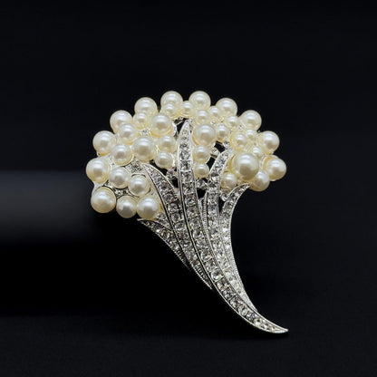 Vintage Pearl Flower Brooch with Rhinestones, Copper Base, Gift Box