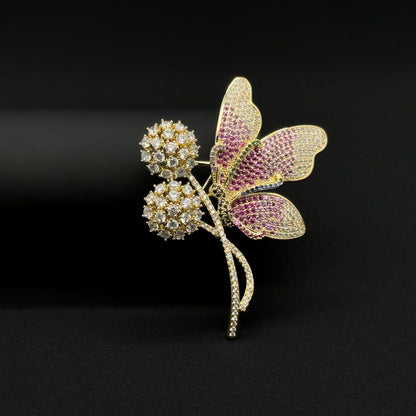 Pink Butterfly and Flower Rhinestone Brooch for Jackets