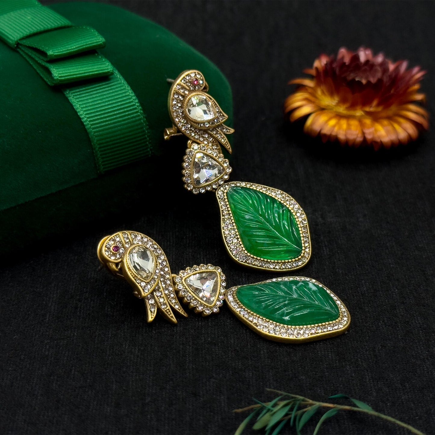 Vintage Ethnic Green Enamel Bird Earrings