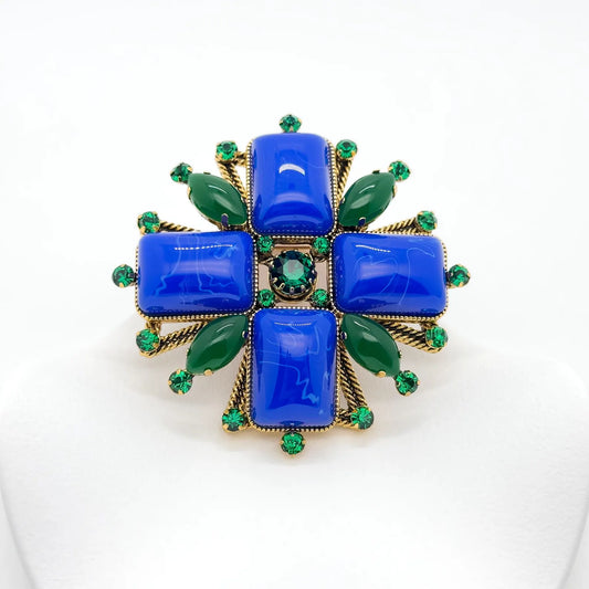 Retro Blue Gemstone Cross Brooch