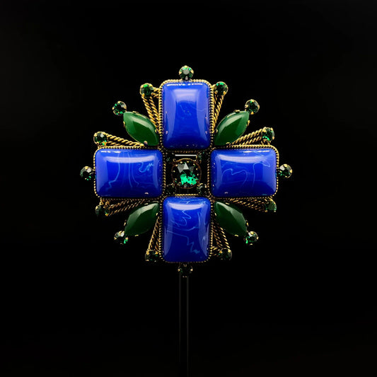 Retro Blue Gemstone Cross Brooch