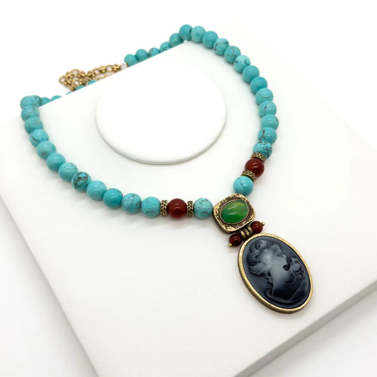 Vintage Art Deco Turquoise Portrait Necklace