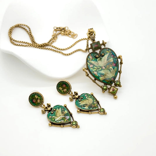 Vintage Art Deco Heart & Pigeon Earrings & Pendant Set