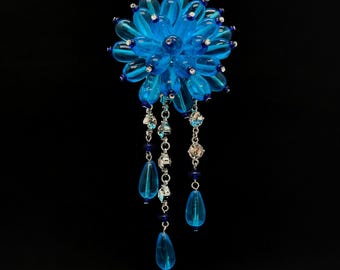 Vintage Art Deco Lapis Lazuli Enamel Flower Tassel Brooch