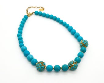 Vintage Art Deco Turquoise Bead Necklace Copper Gemstone Boho