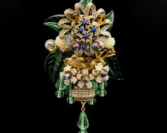 Large Art Deco Flower Brooch Beaded Rhinestone Crystal Woven Pin