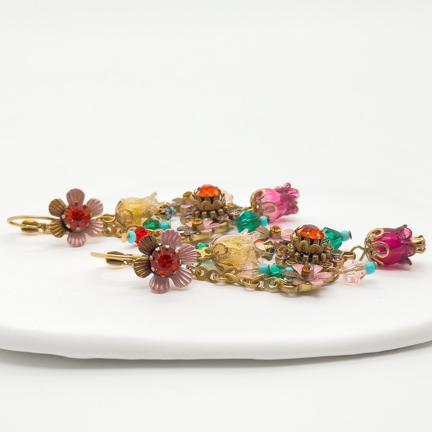 18K Gold Plated Floral Dangle Earrings Ethnic Vintage Countryside