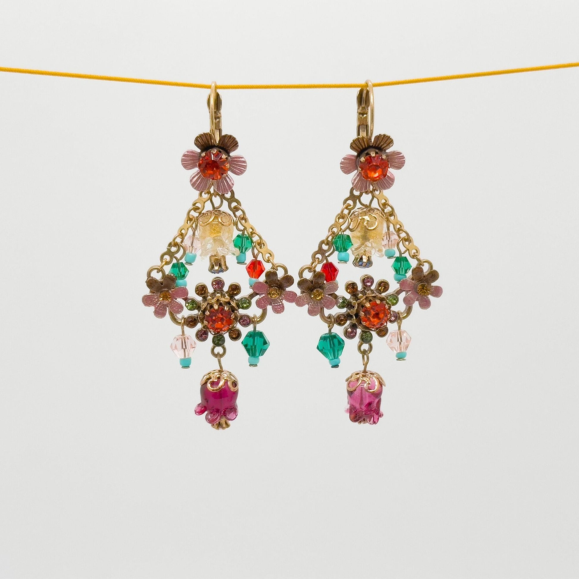 18K Gold Plated Floral Dangle Earrings Ethnic Vintage Countryside
