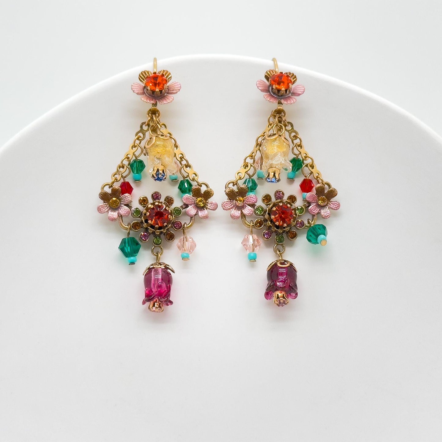 18K Gold Plated Floral Dangle Earrings Ethnic Vintage Countryside