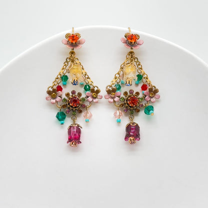 18K Gold Plated Floral Dangle Earrings Ethnic Vintage Countryside