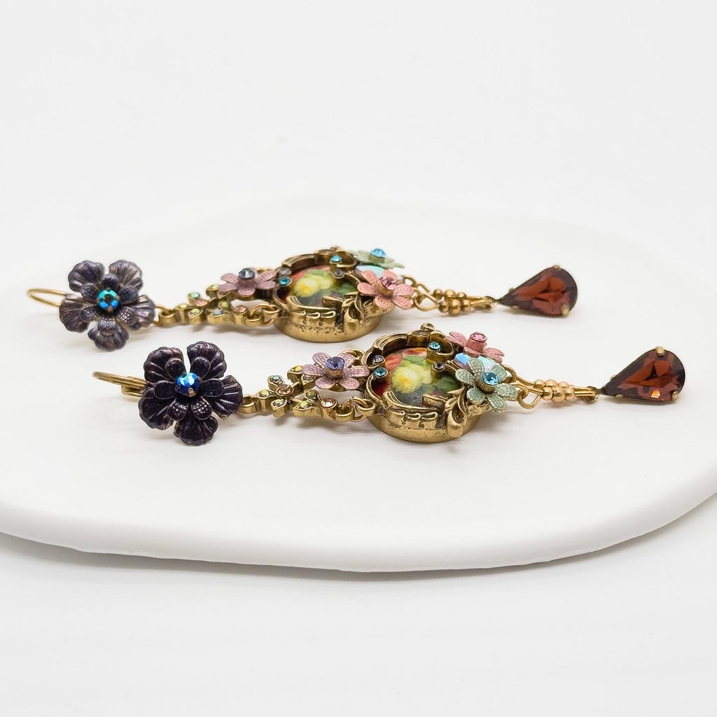 French Vintage Ethnic 3D Flower Dangle Earrings Gold-Plated