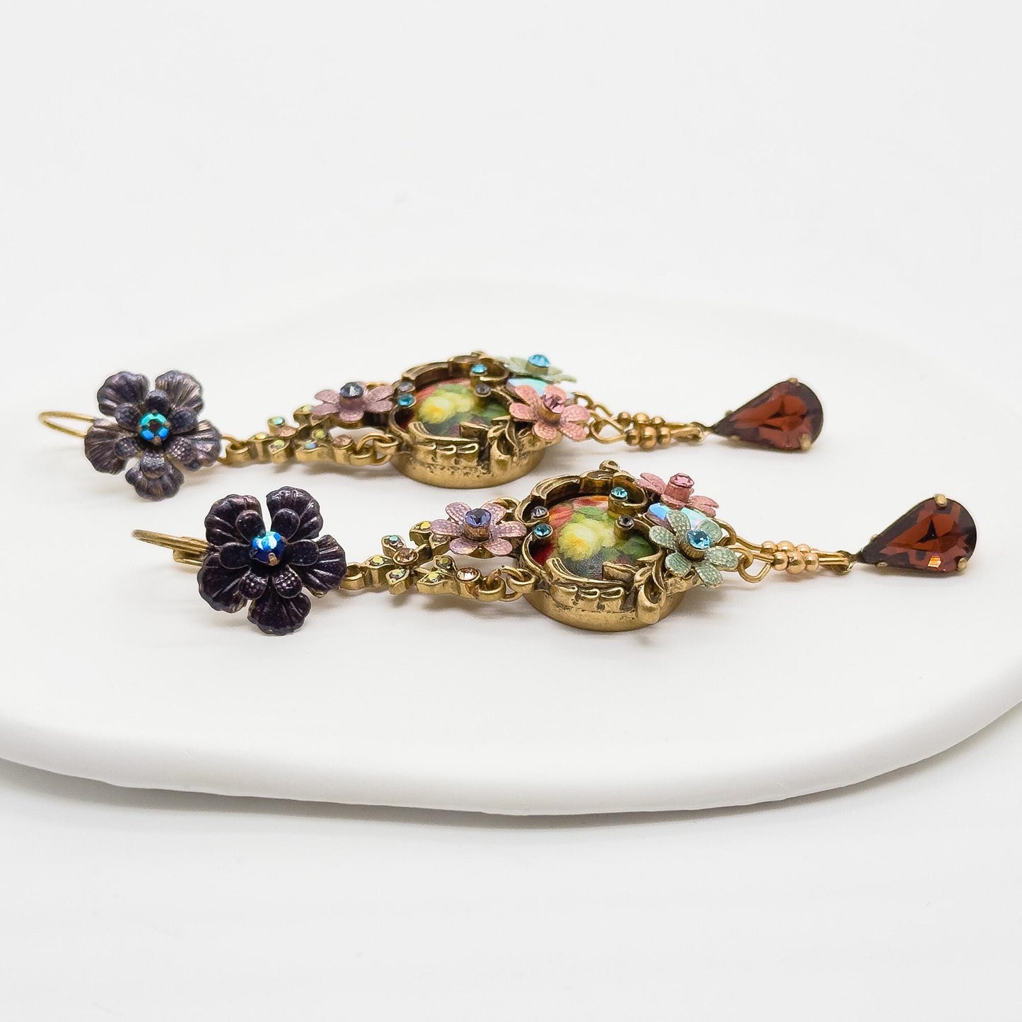 French Vintage Ethnic 3D Flower Dangle Earrings Gold-Plated