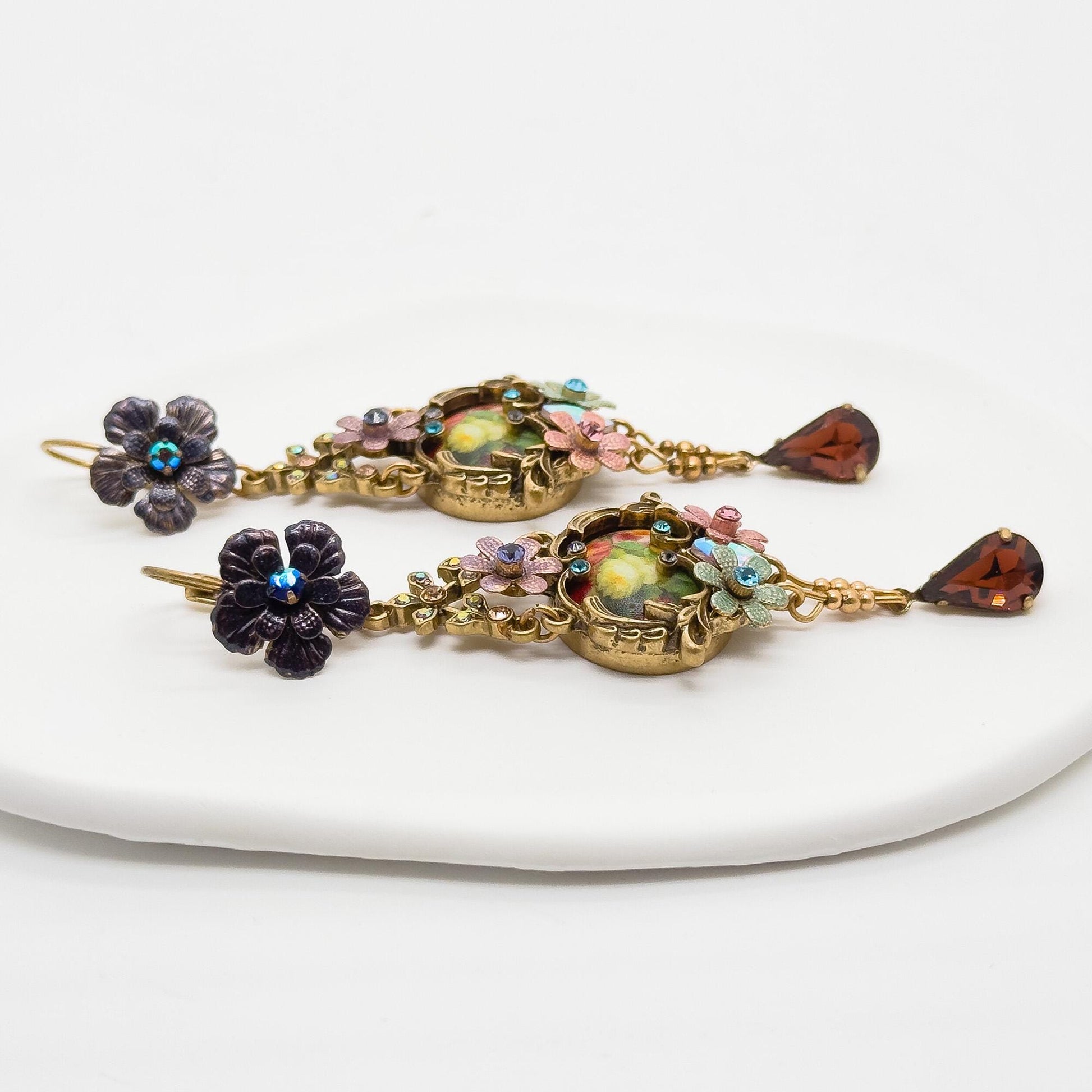 French Vintage Ethnic 3D Flower Dangle Earrings Gold-Plated