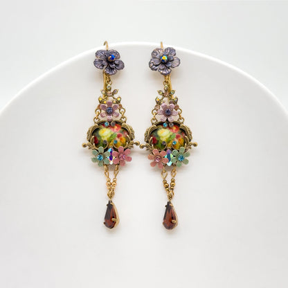 French Vintage Ethnic 3D Flower Dangle Earrings Gold-Plated