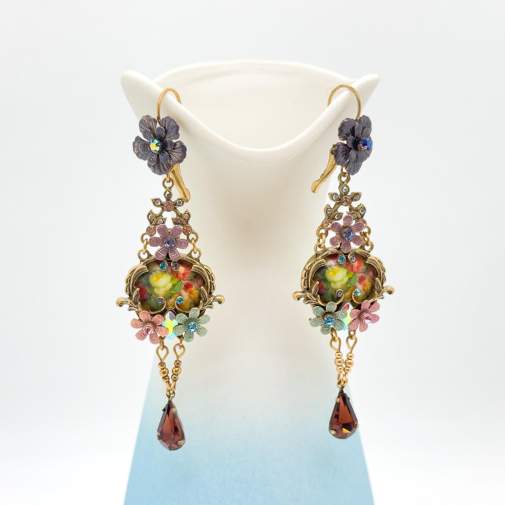 French Vintage Ethnic 3D Flower Dangle Earrings Gold-Plated