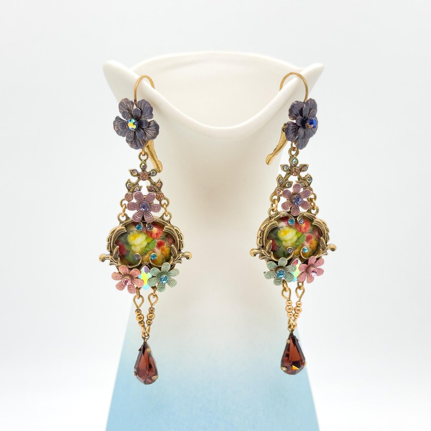French Vintage Ethnic 3D Flower Dangle Earrings Gold-Plated
