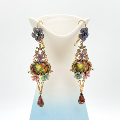 French Vintage Ethnic 3D Flower Dangle Earrings Gold-Plated