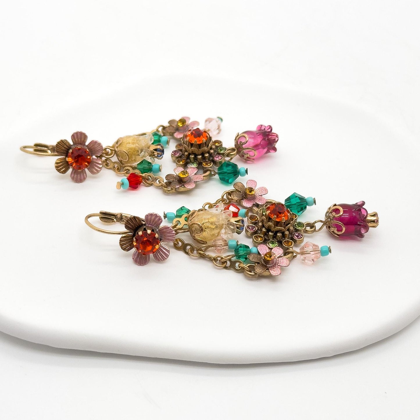 18K Gold Plated Floral Dangle Earrings Ethnic Vintage Countryside