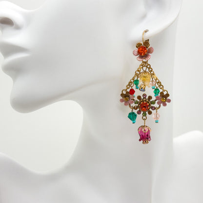 18K Gold Plated Floral Dangle Earrings Ethnic Vintage Countryside