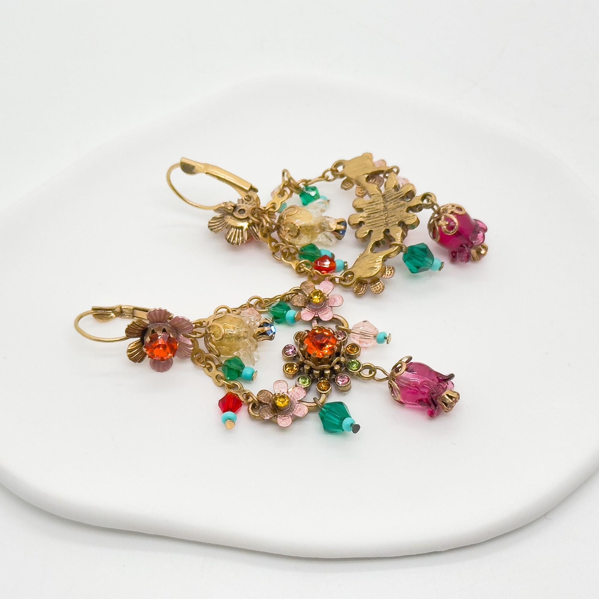 18K Gold Plated Floral Dangle Earrings Ethnic Vintage Countryside