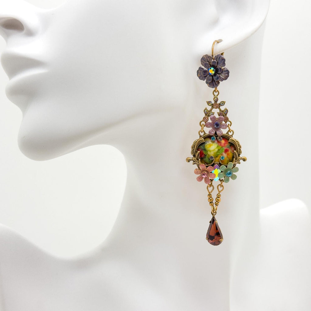 French Vintage Ethnic 3D Flower Dangle Earrings Gold-Plated